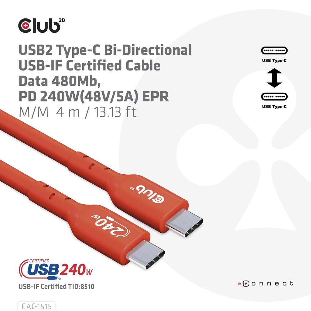 USB-C®  USB-IF Certified Cable, Data 480Mb, PD 240W(48V/5A) EPR M/M 4m/15Gbps3ft