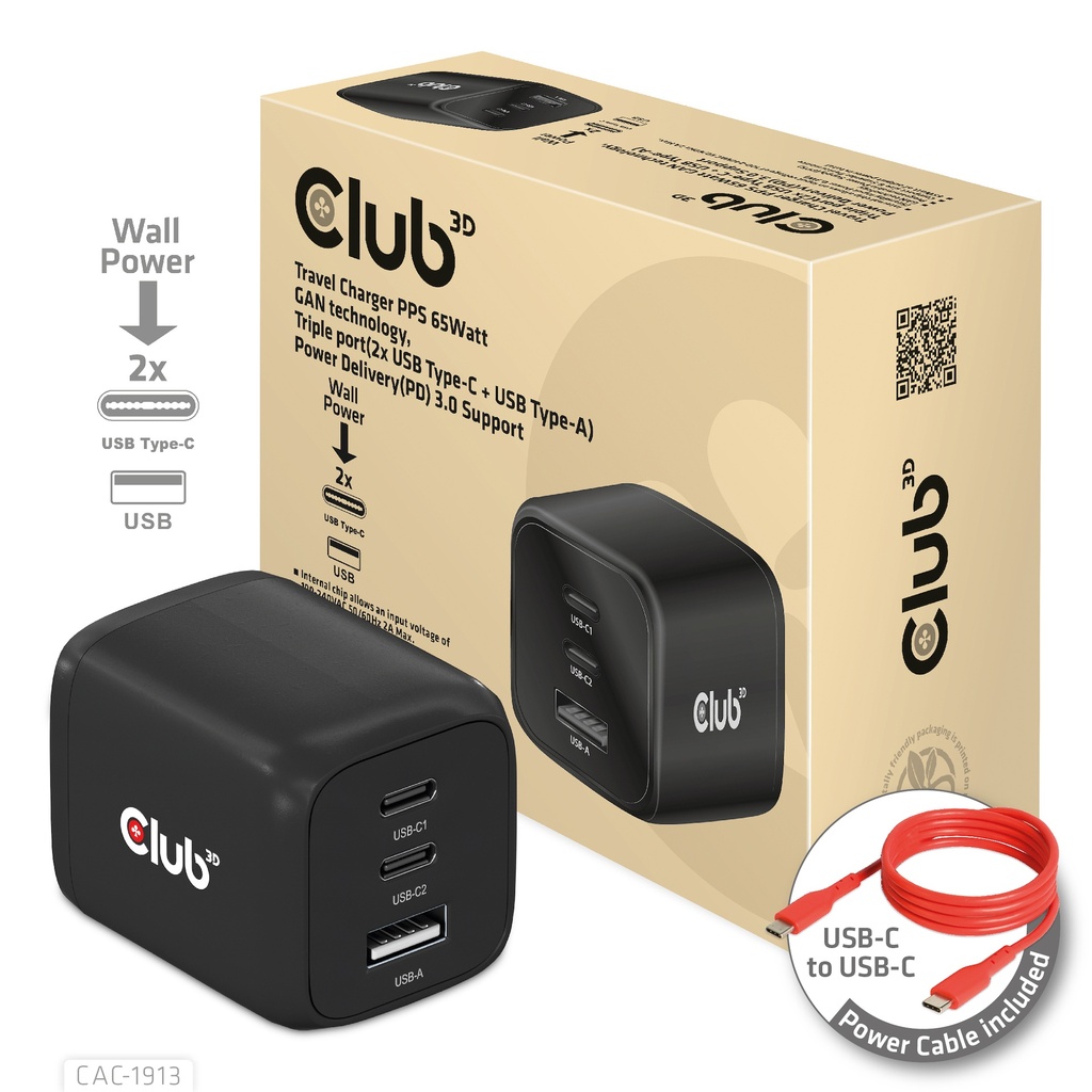 CAC-1913EU Travel Charger PPS 65W GaN Triple Port (2×USB‑C + USB‑A) PD 3.0 EU