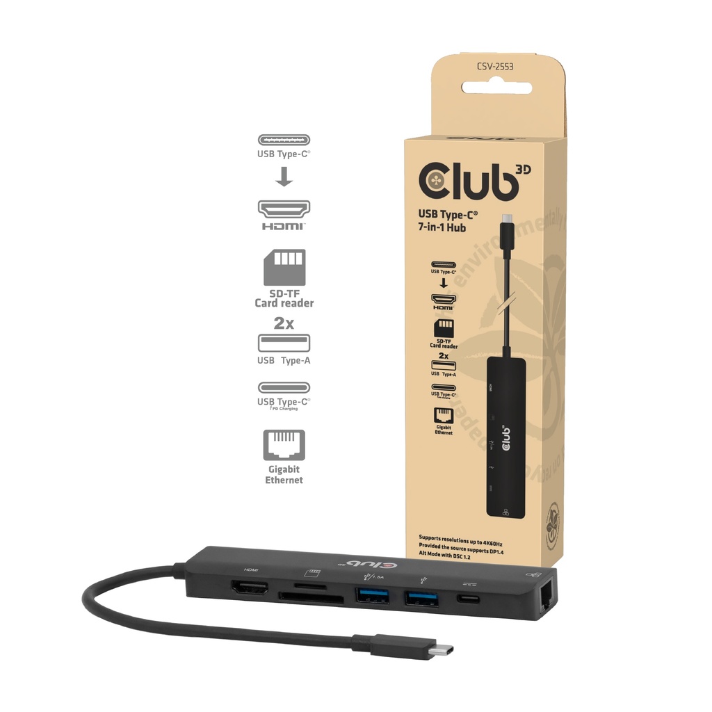 CSV-2553 USB‑C® 7‑in‑1 Hub HDMI™ 4K60Hz SD/TF USB‑A×2 USB‑C PD RJ45