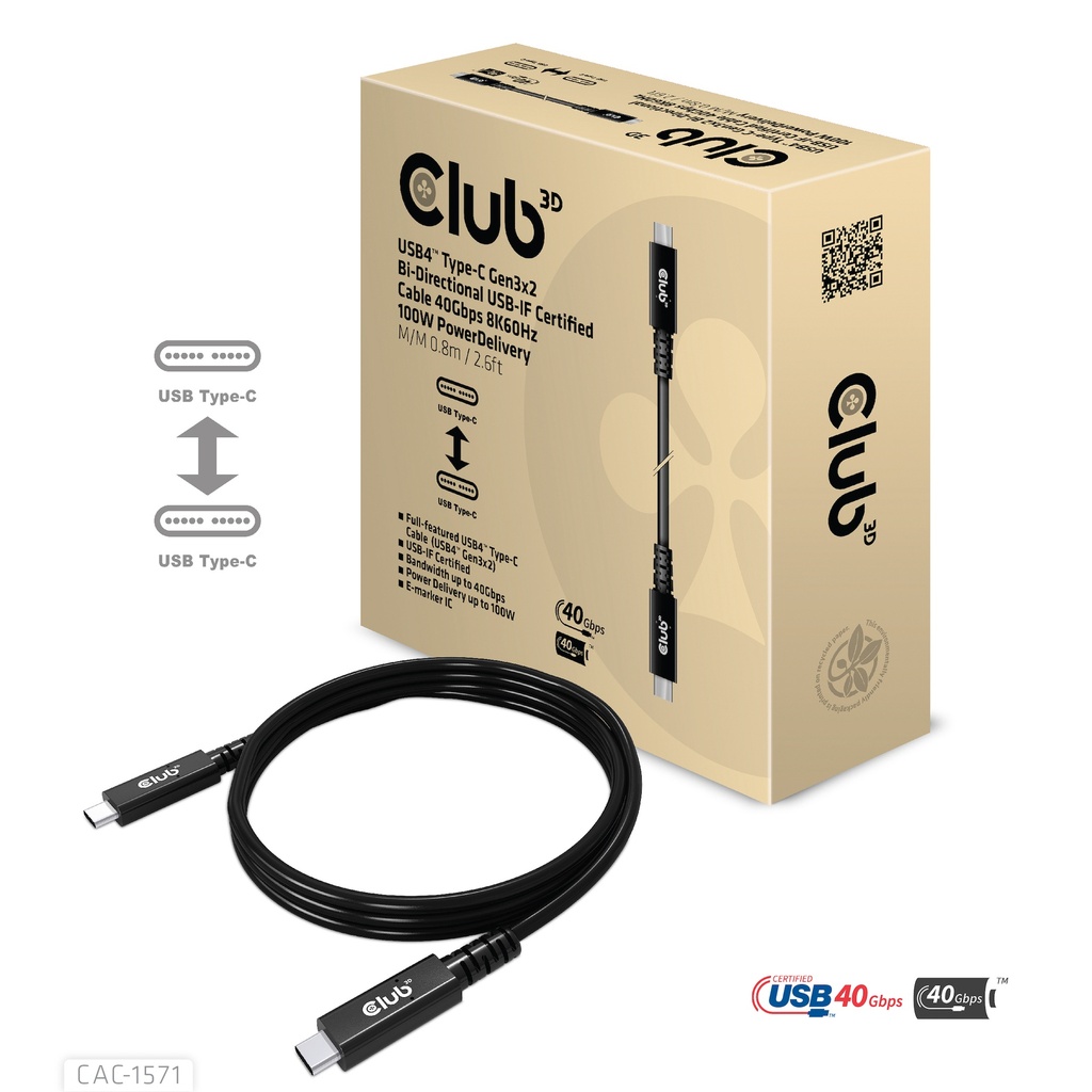 CAC-1571 USB‑C® 40Gbps USB‑IF Certified Cable 8K60Hz 100W 0.8m/2.62ft